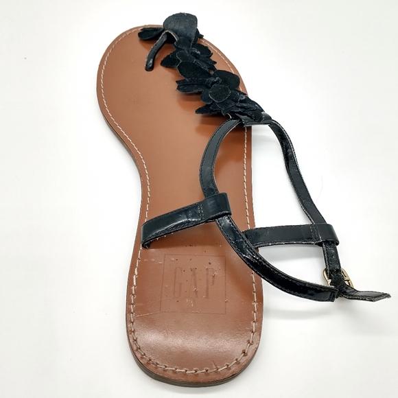 GAP Thong Black Flat Sandals with Suede Flowers - Picture 4 of 6